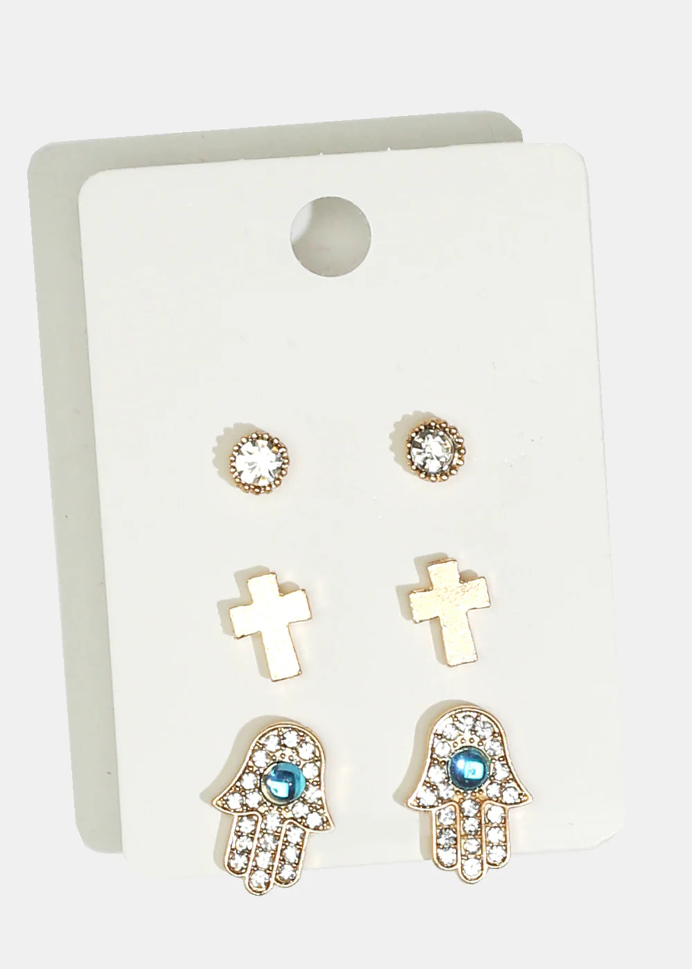 3-Pair Cross & Hamsa Hand Stud Earrings - Image 2