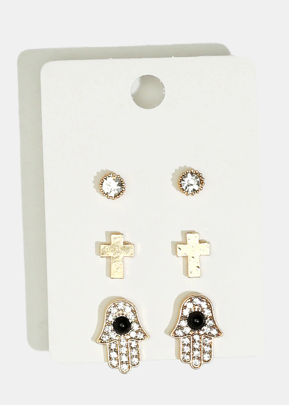 3-Pair Cross & Hamsa Hand Stud Earrings - Image 3
