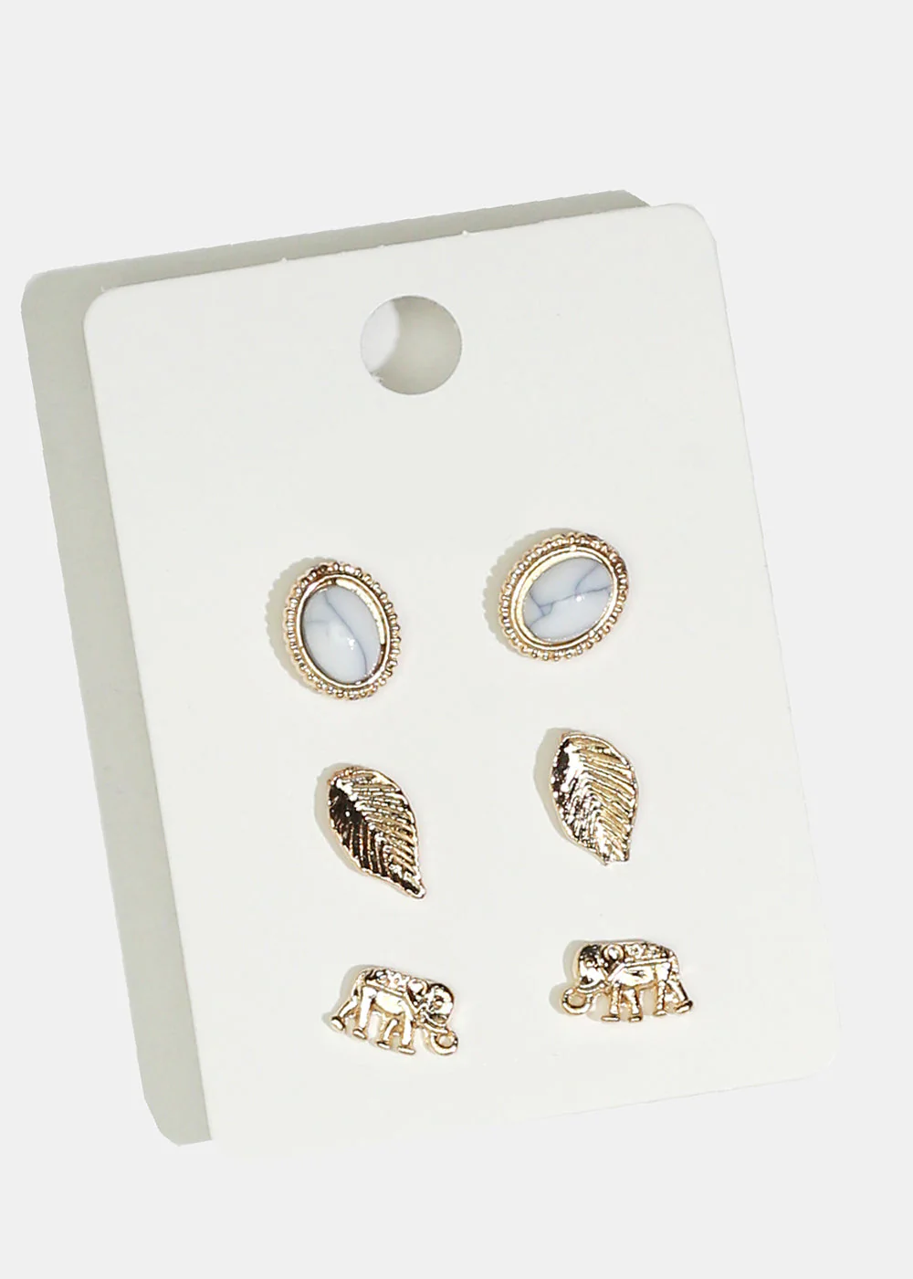 3-Pair Elephant & Leaf Stud Earrings - Image 3