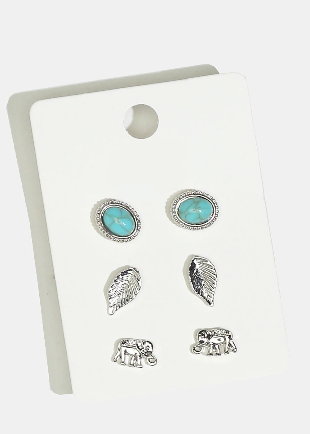 3-Pair Elephant & Leaf Stud Earrings - Image 4