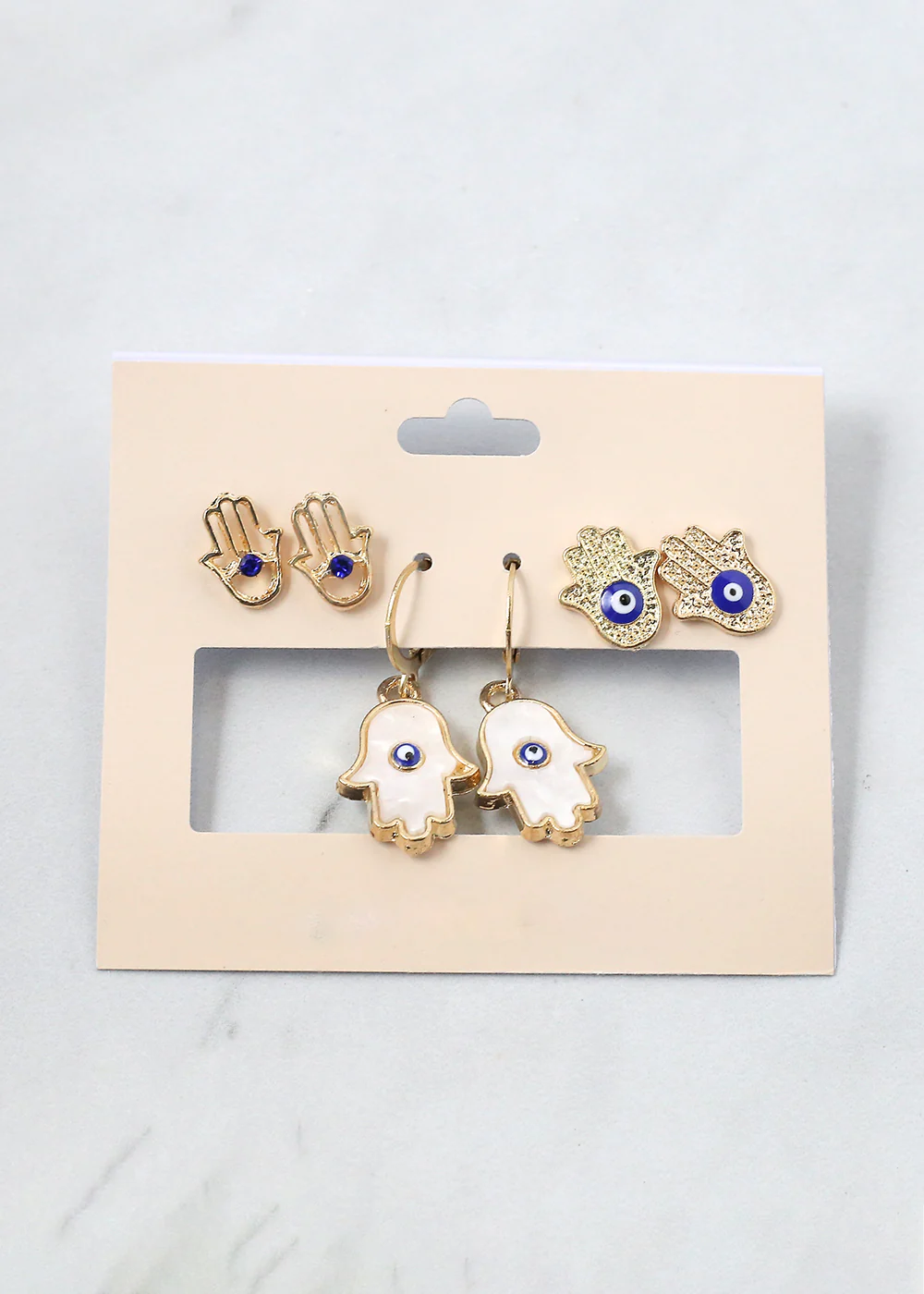 3 Pair Hamsa Hand + Evil Eye Earrings - Image 2