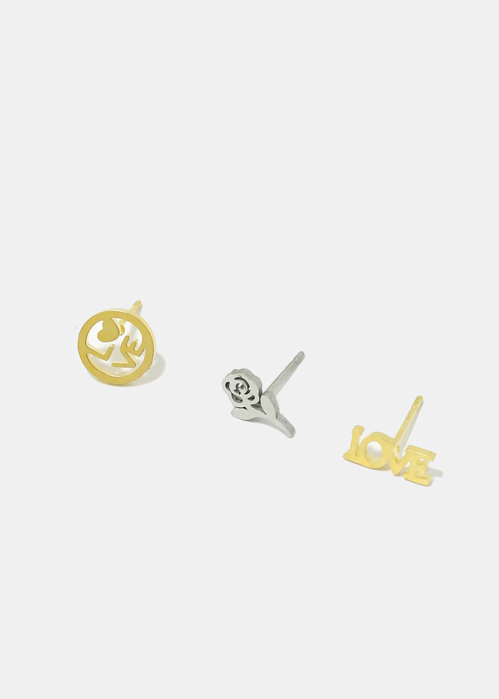 3-Pair "LOVE" & Rose Stud Earrings - Image 2