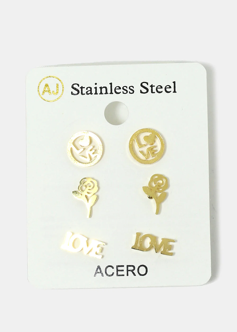 3-Pair "LOVE" & Rose Stud Earrings - Image 3