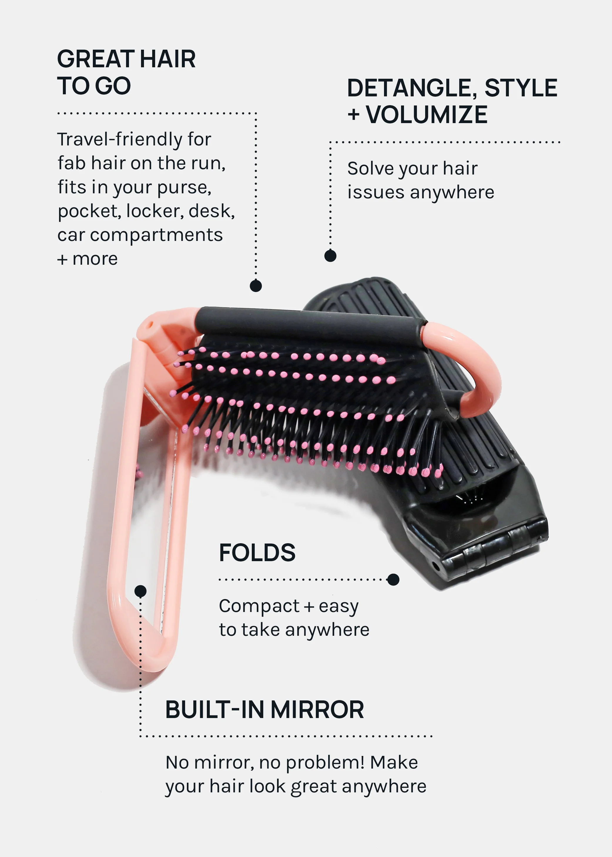 AOA Foldable Travel Hairbrush + Mirror - Image 2