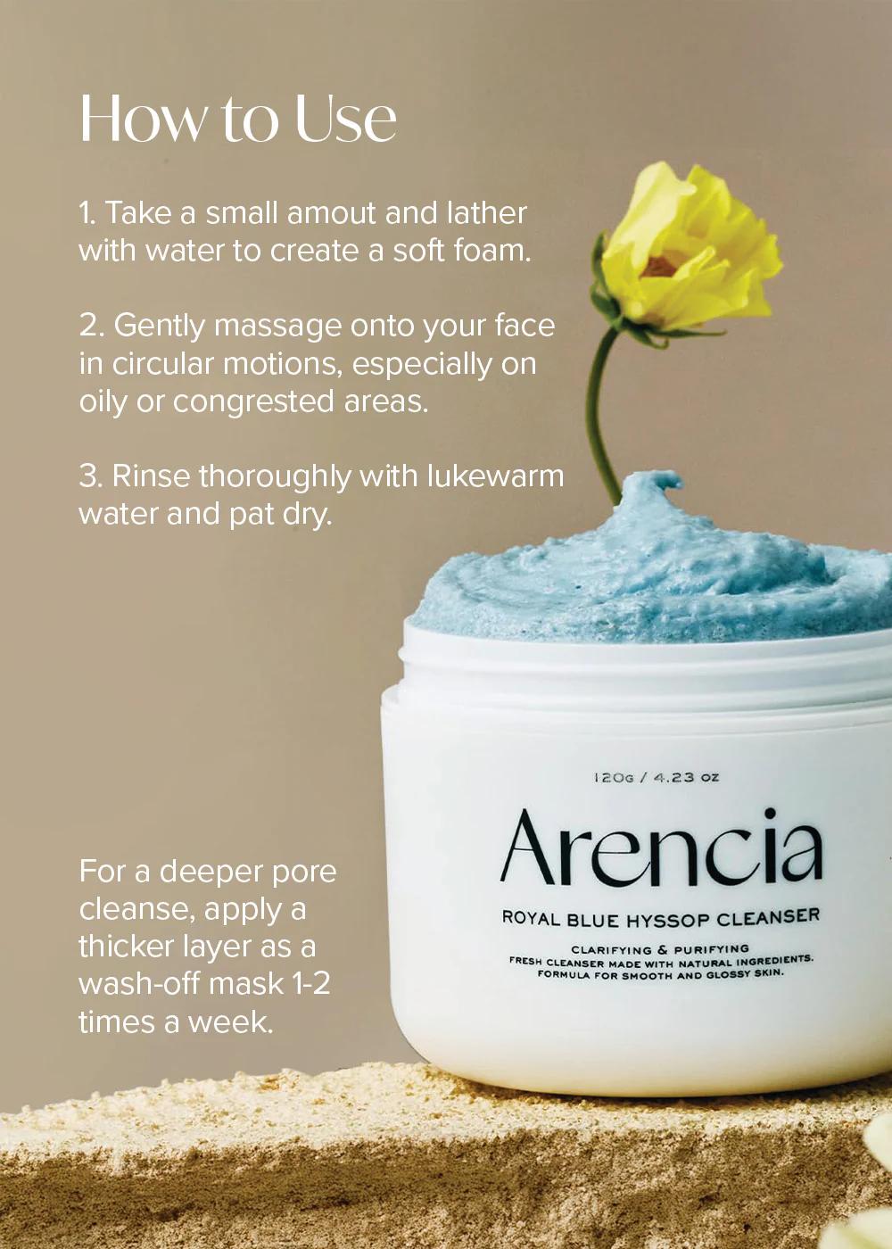 Arencia Fresh Blue Hyssop Rice Mochi Cleanser 120g - Image 8