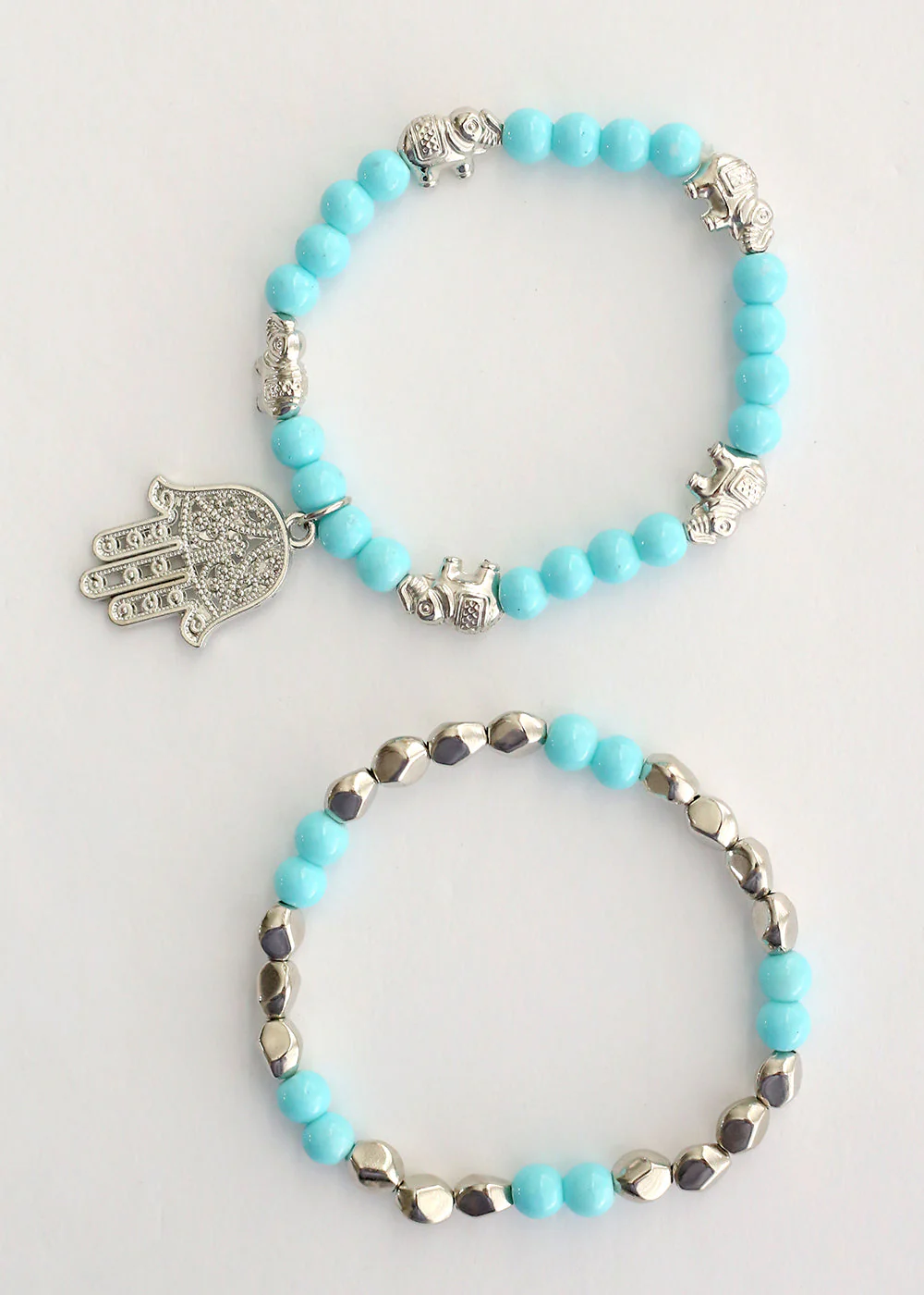 Double Bead Bracelet with Hamsa Hand Dangle - Image 2