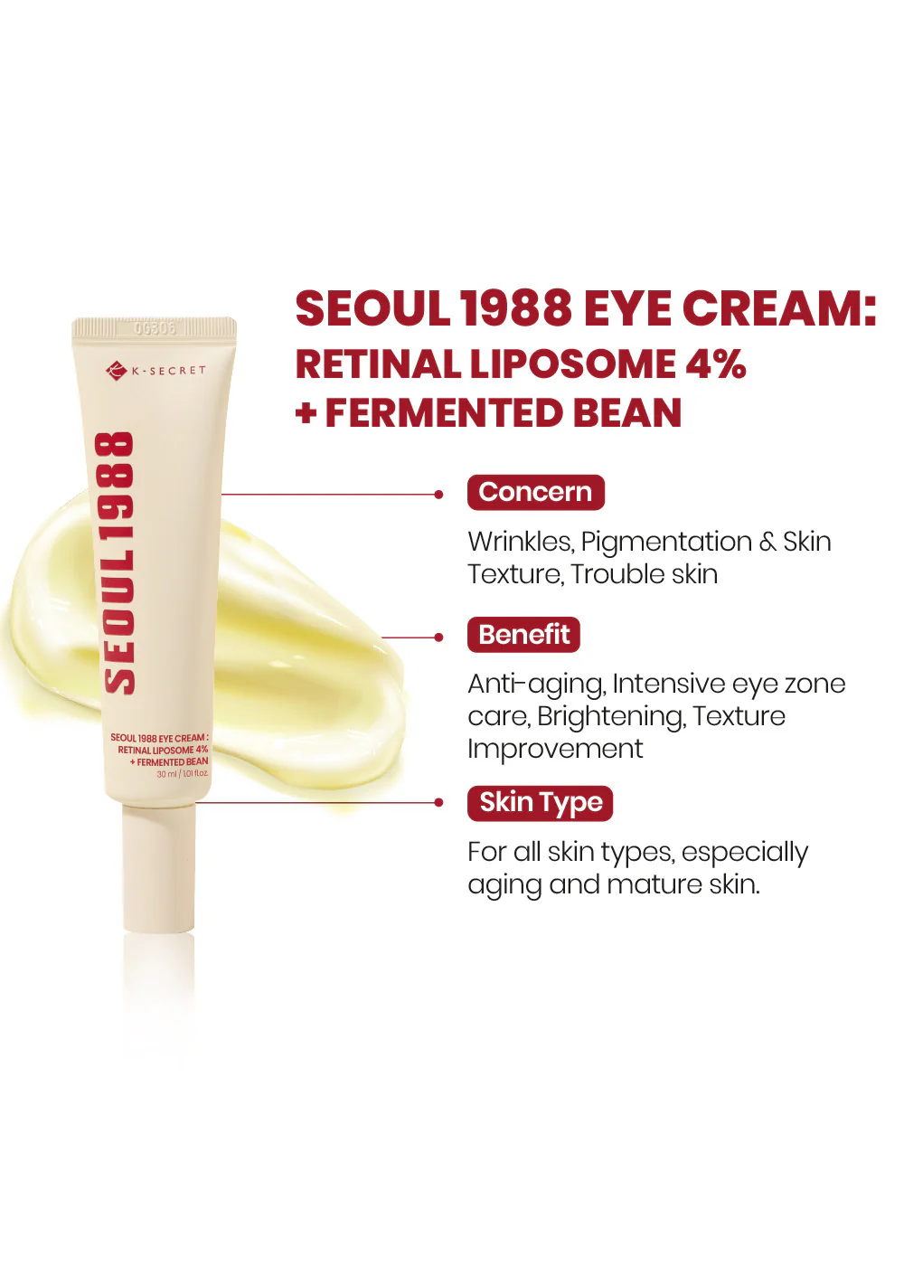 K-Secret Seoul 1988 Eye Cream: Retinal Liposome 4% + Fermented Bean 30ml - Image 3