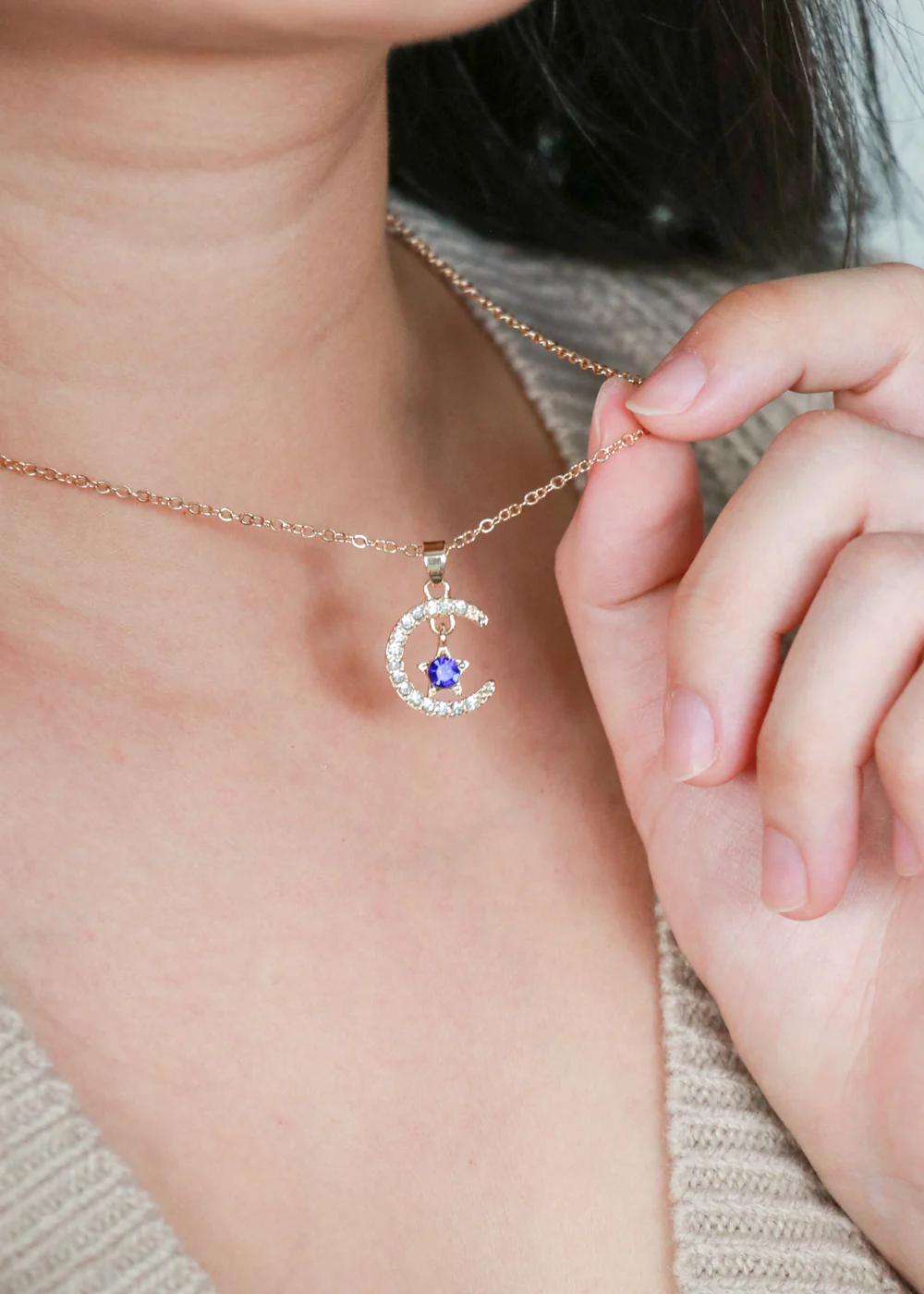 Miss A Birthstone Necklace - Moon + Star - Image 2